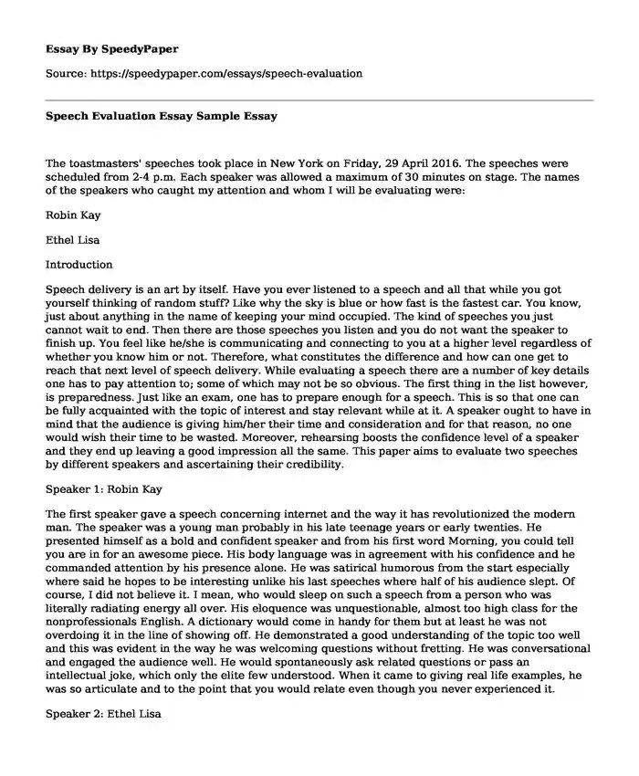 📌 Speech Evaluation Essay Sample