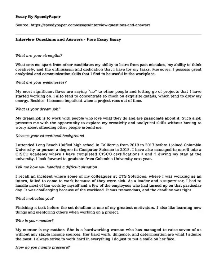 📌 Interview Questions and Answers Free Essay
