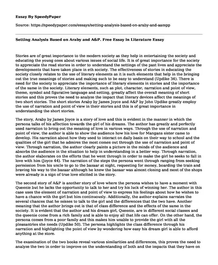 📌 Setting Analysis Based on Araby and A&P. Free Essay in Literature