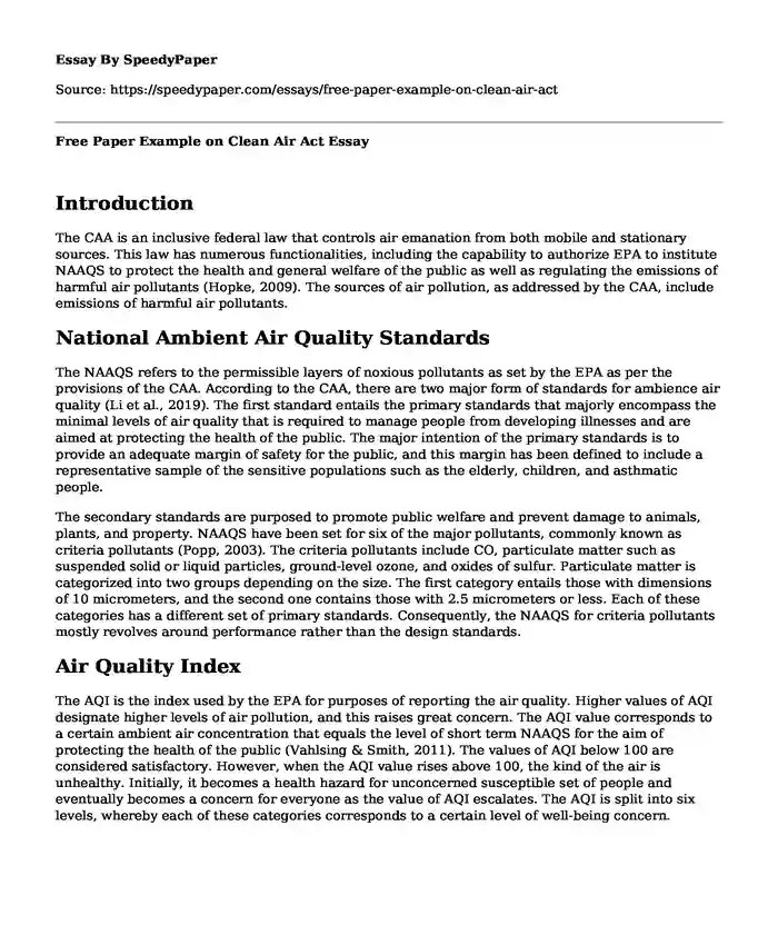 📗 Free Paper Example on Clean Air Act