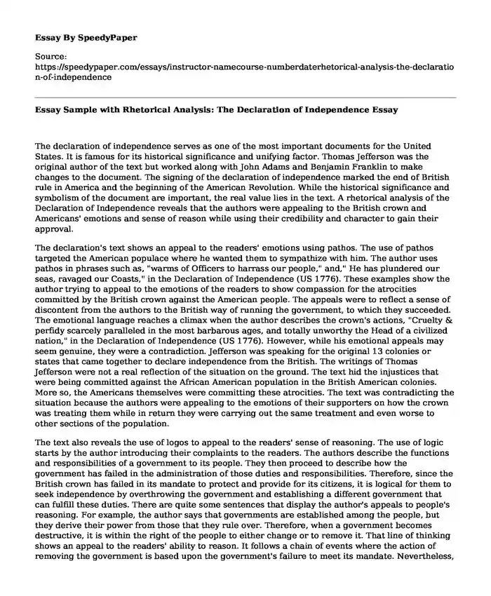 📌 Essay Sample with Rhetorical Analysis The Declaration of