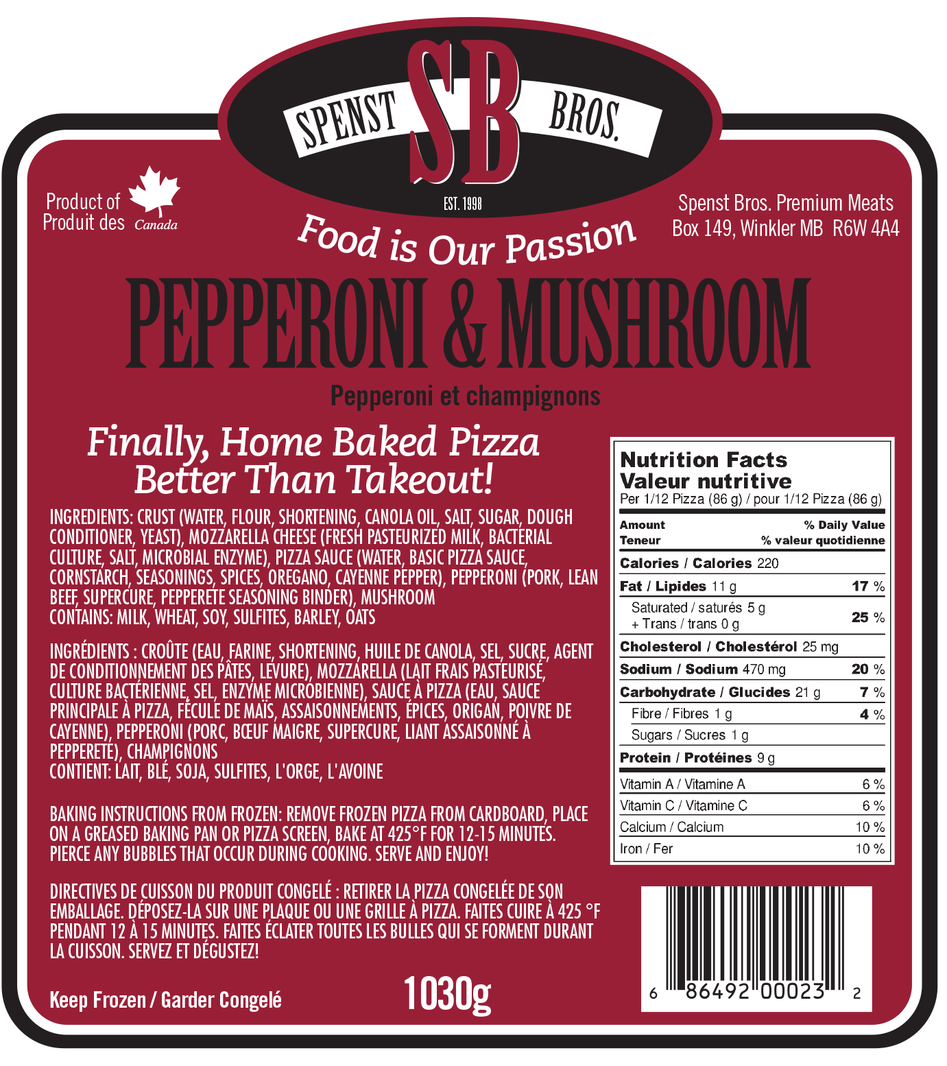 Pepperoni and Mushroom Pizza Spenst Bros. Premium Meats