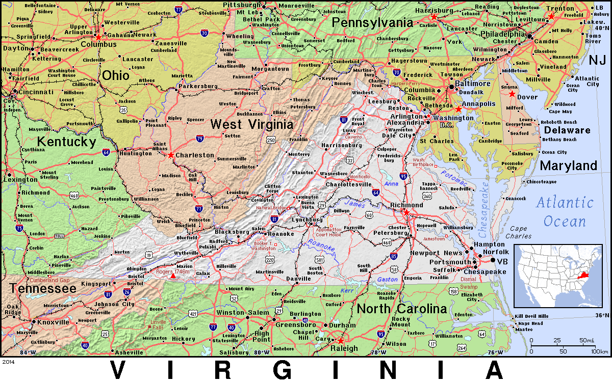 Labeled Map of Virginia with Capital & Cities