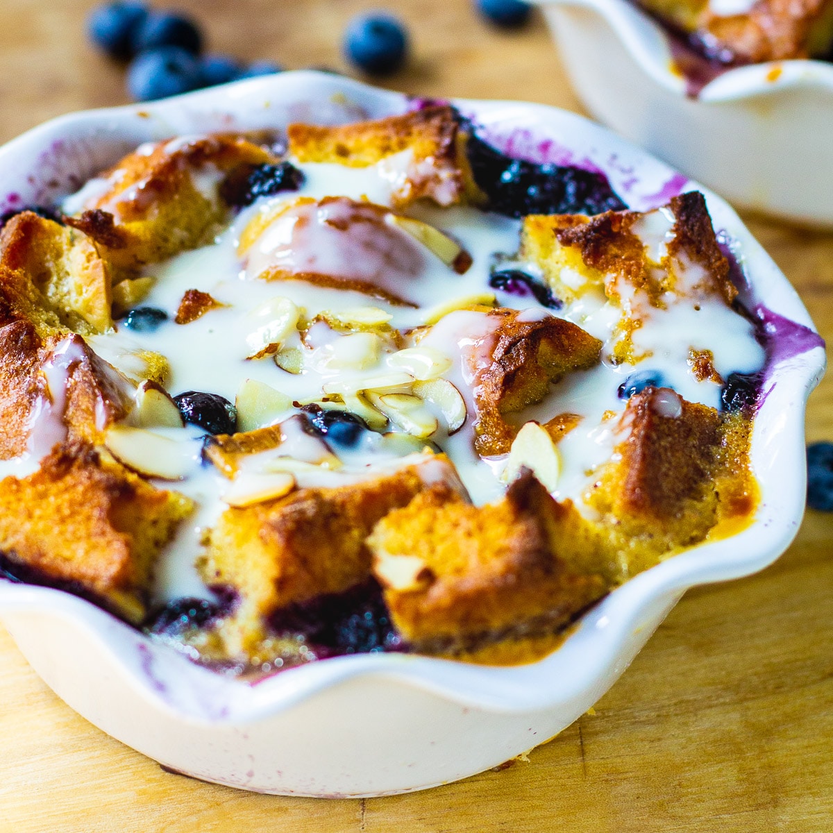 Blueberry White Chocolate Bread Pudding with Amaretto