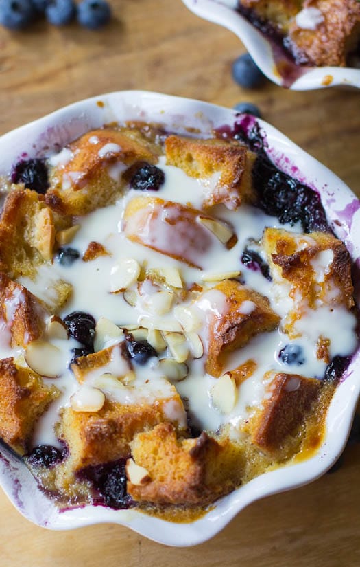 Blueberry White Chocolate Bread Pudding with Amaretto Cream Sauce