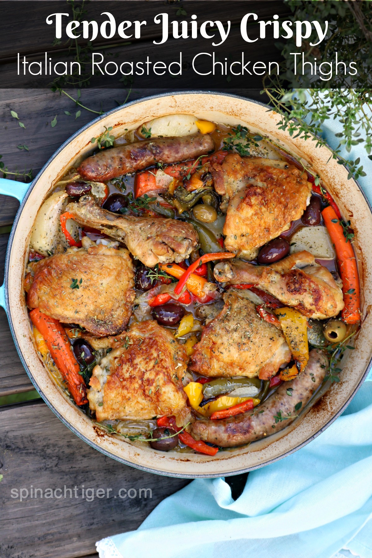 Italian Roasted Chicken Thighs with Peppers, Onions Spinach Tiger