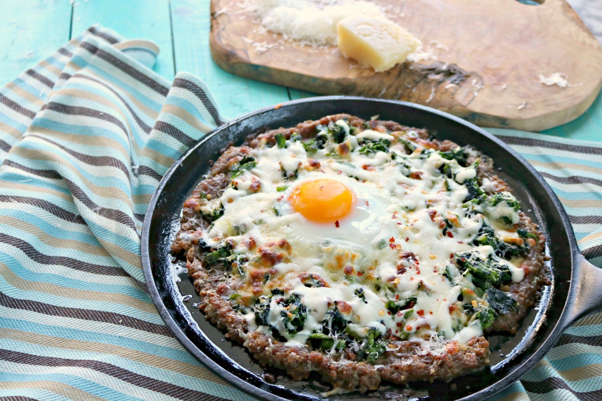 Keto Sausage Crusted Pizza with Broccoli Rabe Spinach Tiger
