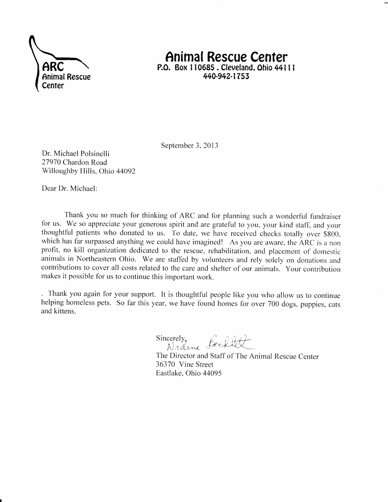 Nice Letter from the Animal Rescue Center ASC Wellness/Advanced