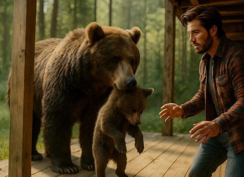 I stepped outside and saw a huge bear standing on the porch, holding a