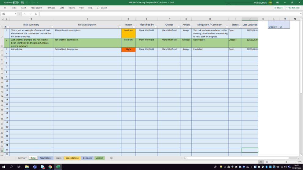 Basic Project Management RAID Log Tracker