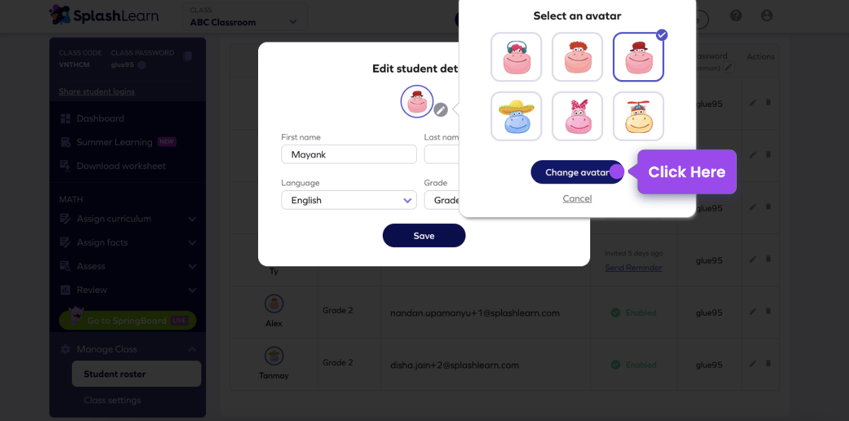 How can teachers change/update student information in SplashLearn