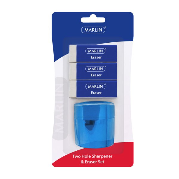 Marlin eraser 3 pack 60 x 20 x 10mm + 2 hole sharpener with container