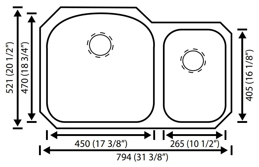 S 602L 31 3/8" X 20 1/2" 70/30 UNDERMOUNT KITCHEN SINKS Splendor Sinks
