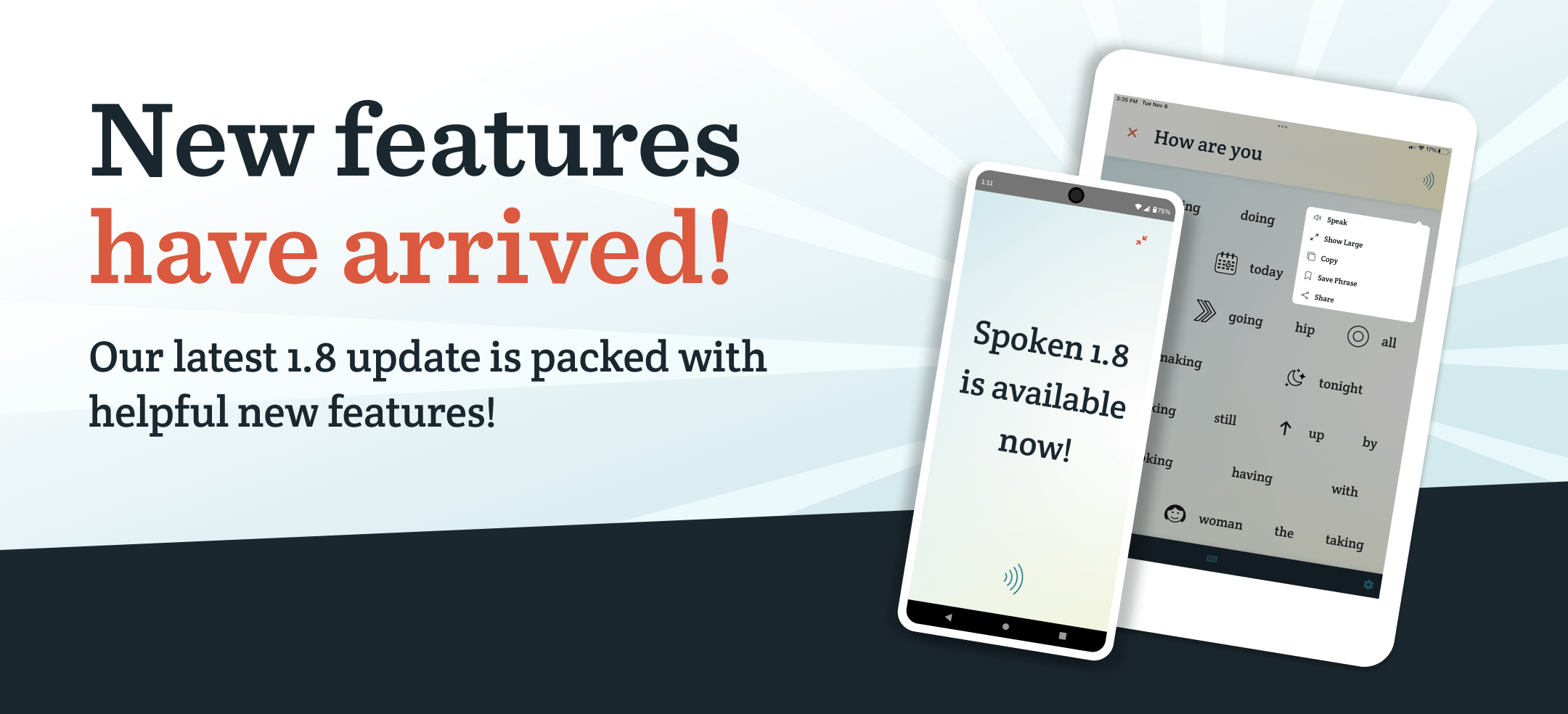 New to Version 1.8 · Spoken · Tap to Talk AAC App