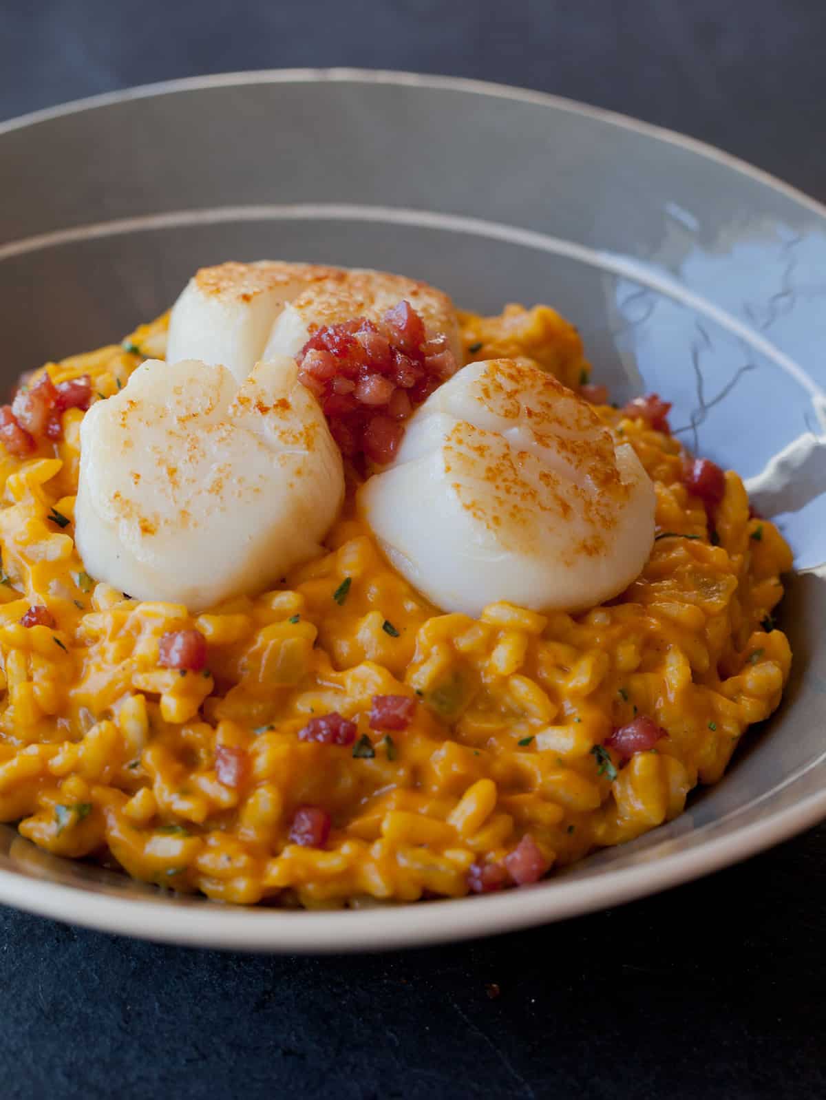 Pumpkin Risotto with Seared Scallops Spoon Fork Bacon