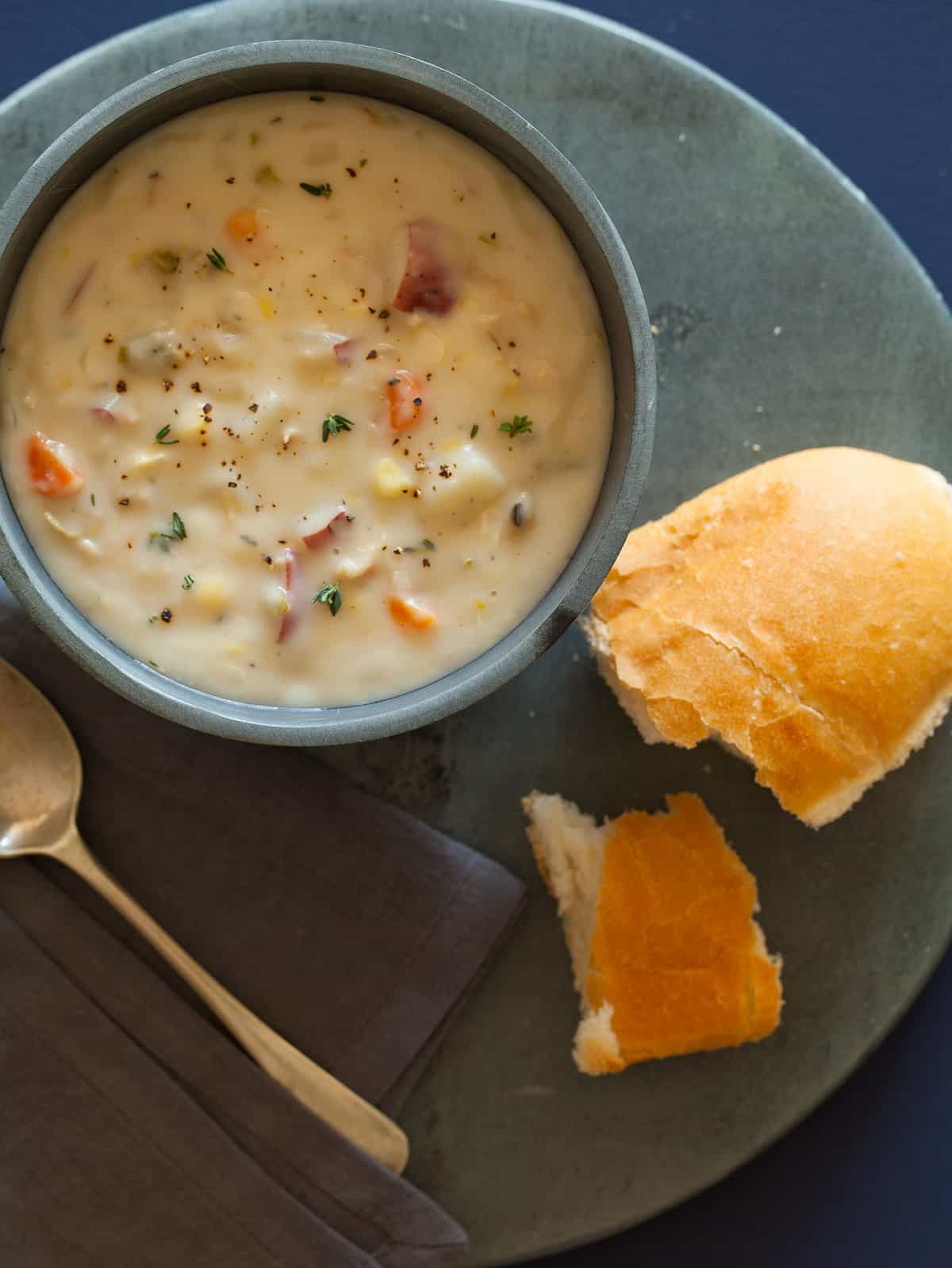 New England Clam Chowder Soup recipe Spoon Fork Bacon