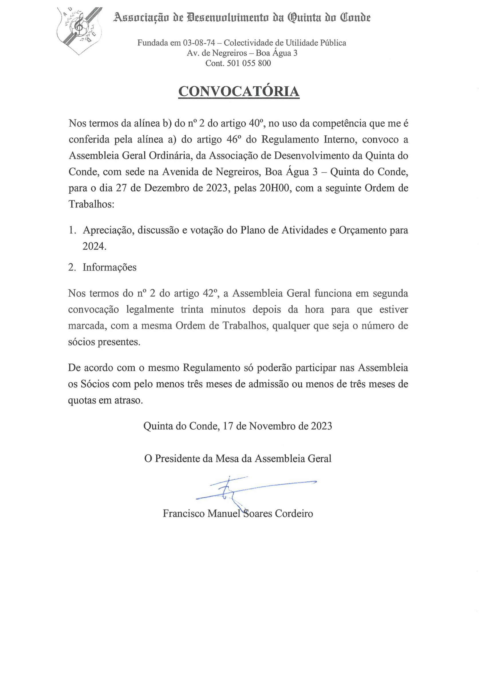 CONVOCATÓRIA PLANO DE ACTIVIDADES AD Quinta do Conde