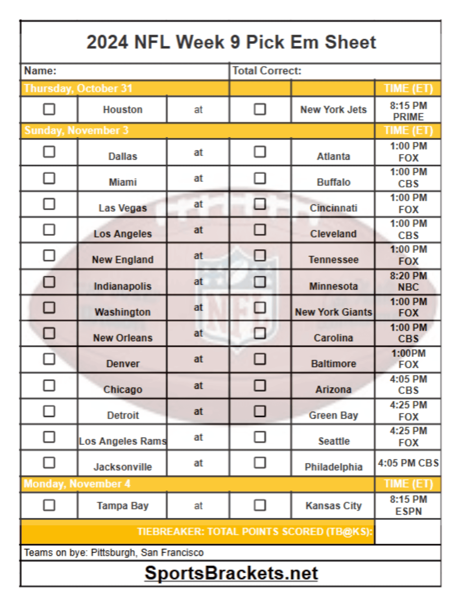 2024 NFL Pick Em Sheet Week 9; Printable, PDF Format - Sports Brackets