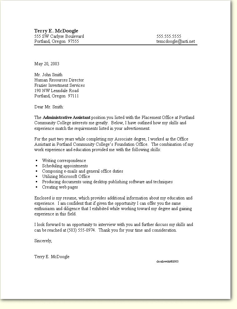 Cover Letter Sample with Bullets