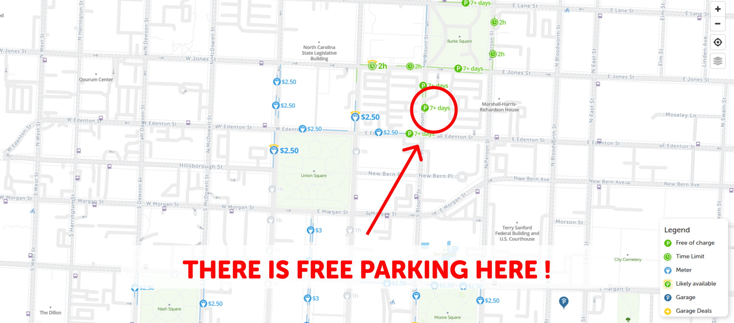 2024 Map of Free Parking in Raleigh SpotAngels