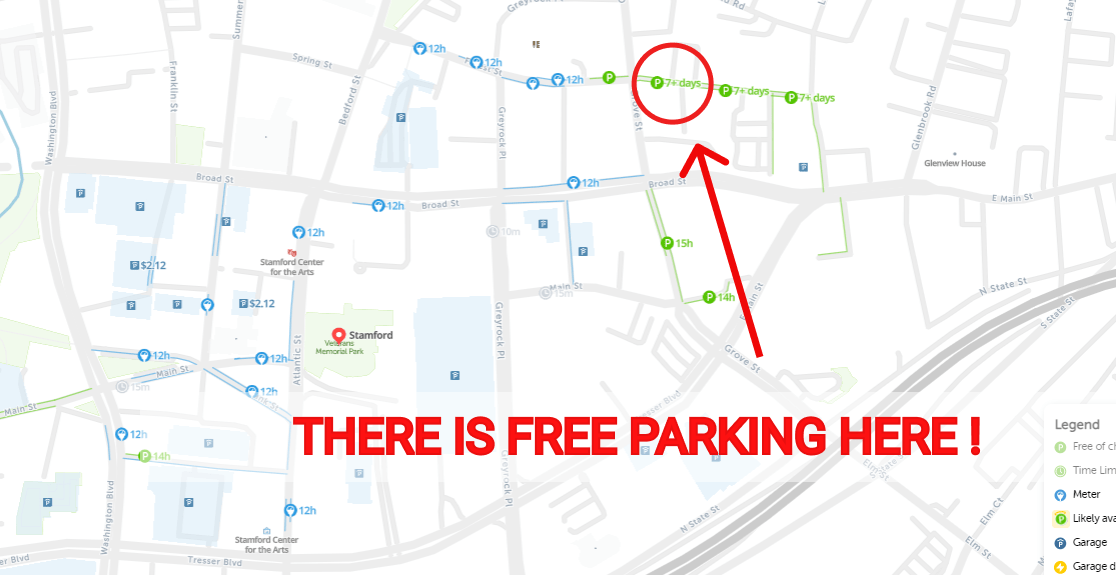 2024 Map of Free Parking in Stamford SpotAngels