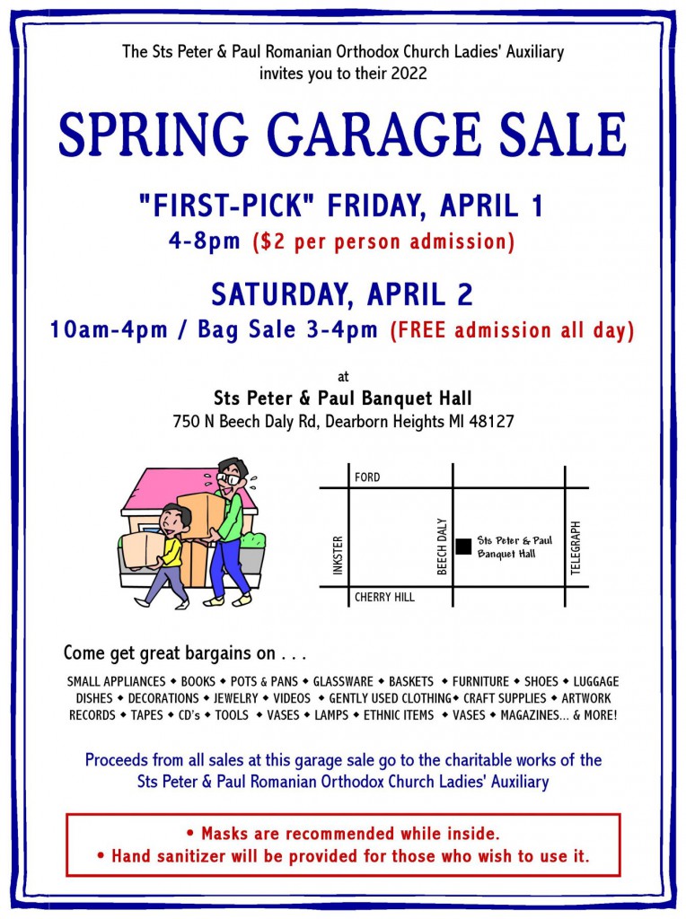 COMING EVENT 2022 Spring Garage Sale, April 12 Sts. Peter & Paul