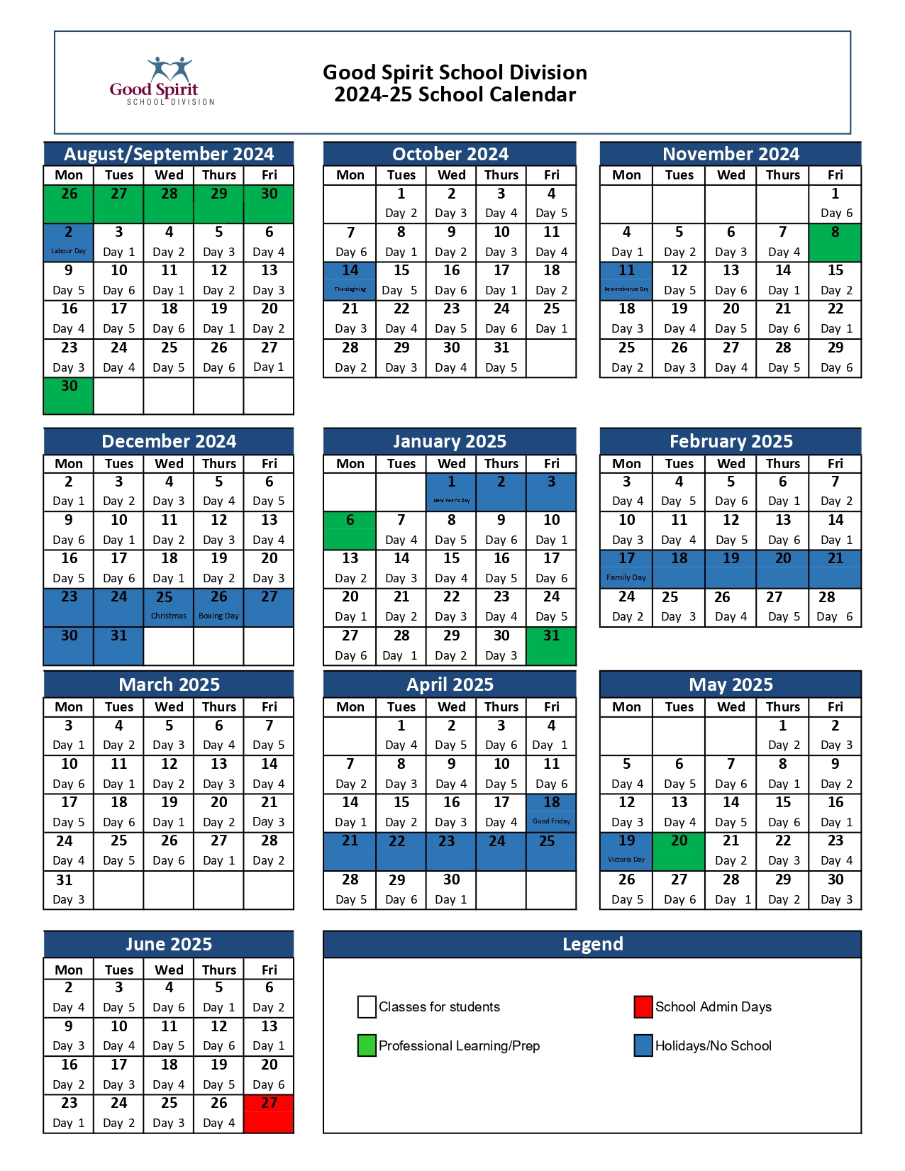 GSSD 2024/2025 School Calendar Springside School