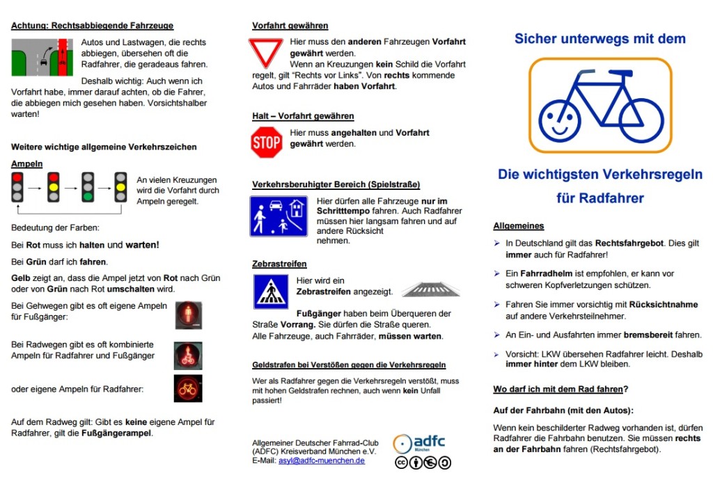 Flyer mit Verkehrsregeln des ADFC München DaF für Flüchtlinge