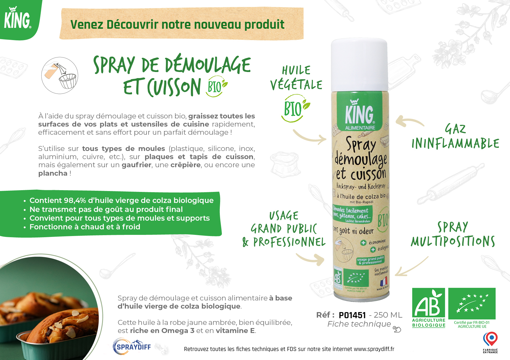 P01451 Spray de démoulage et cuisson BIO 250ml KING