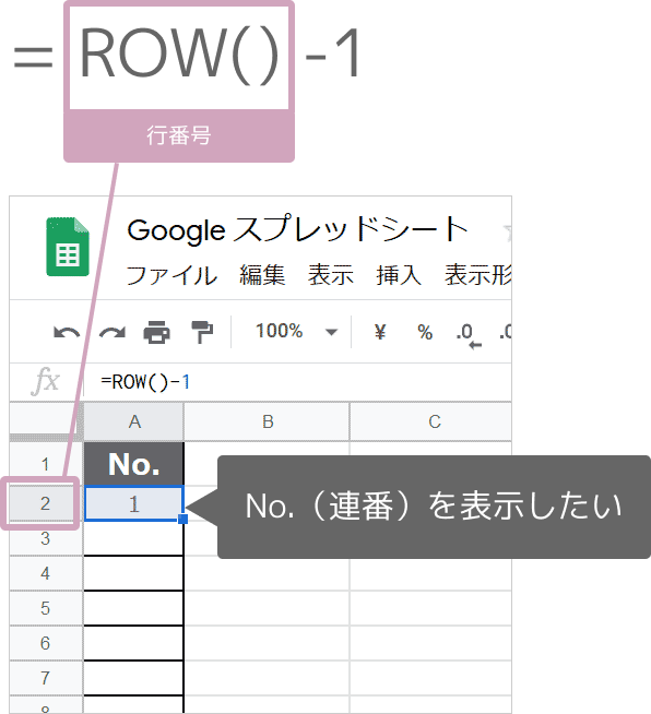 自動で連番(行番号)を入れるROW関数｜スプレッドシートの使い方