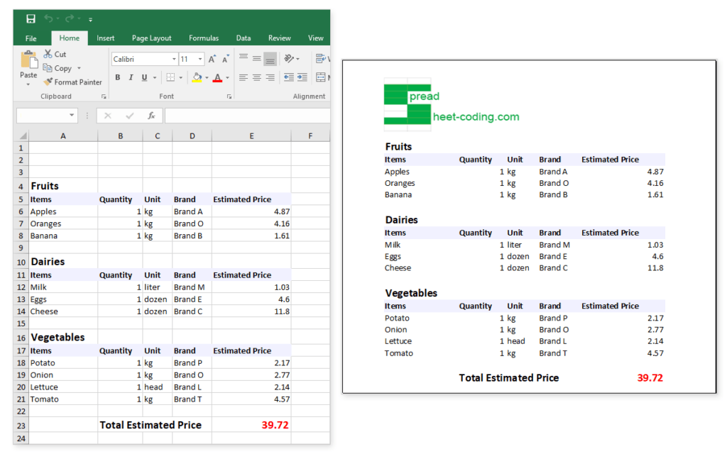 Create a Grocery List Template in Excel PhpSpreadsheet SpreadSheet