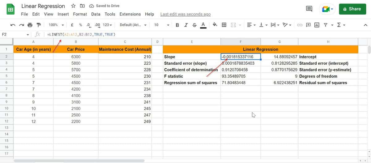 Simple Linear Regression Google Sheets Guide (Video + 2 Examples)