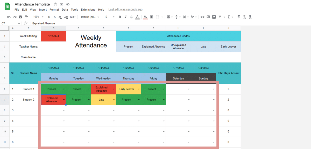 2024 Google Sheets Attendance Template