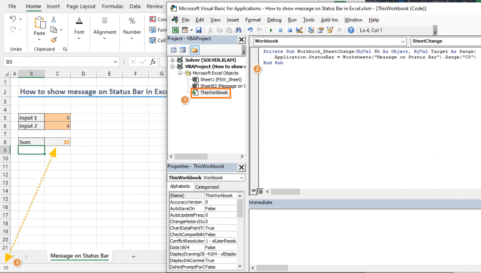 How to show a message on Status Bar in Excel