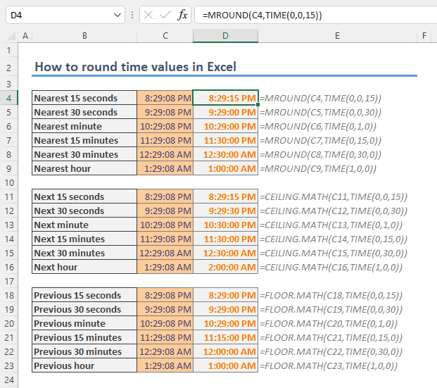 How to round time values in Excel