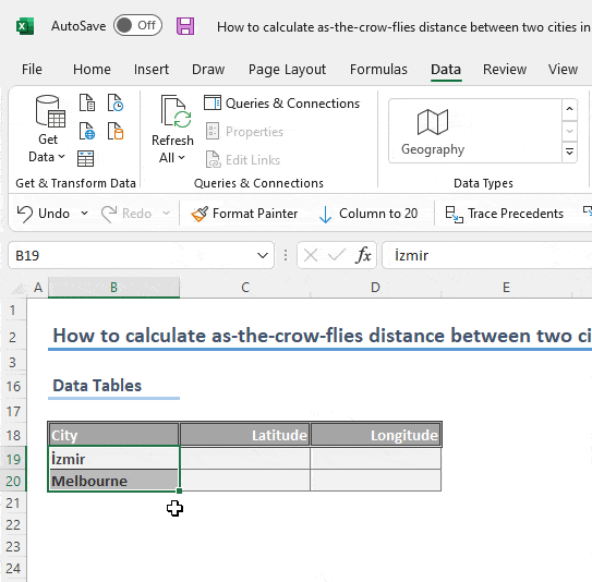 How to calculate asthecrowflies distance between two cities in Excel