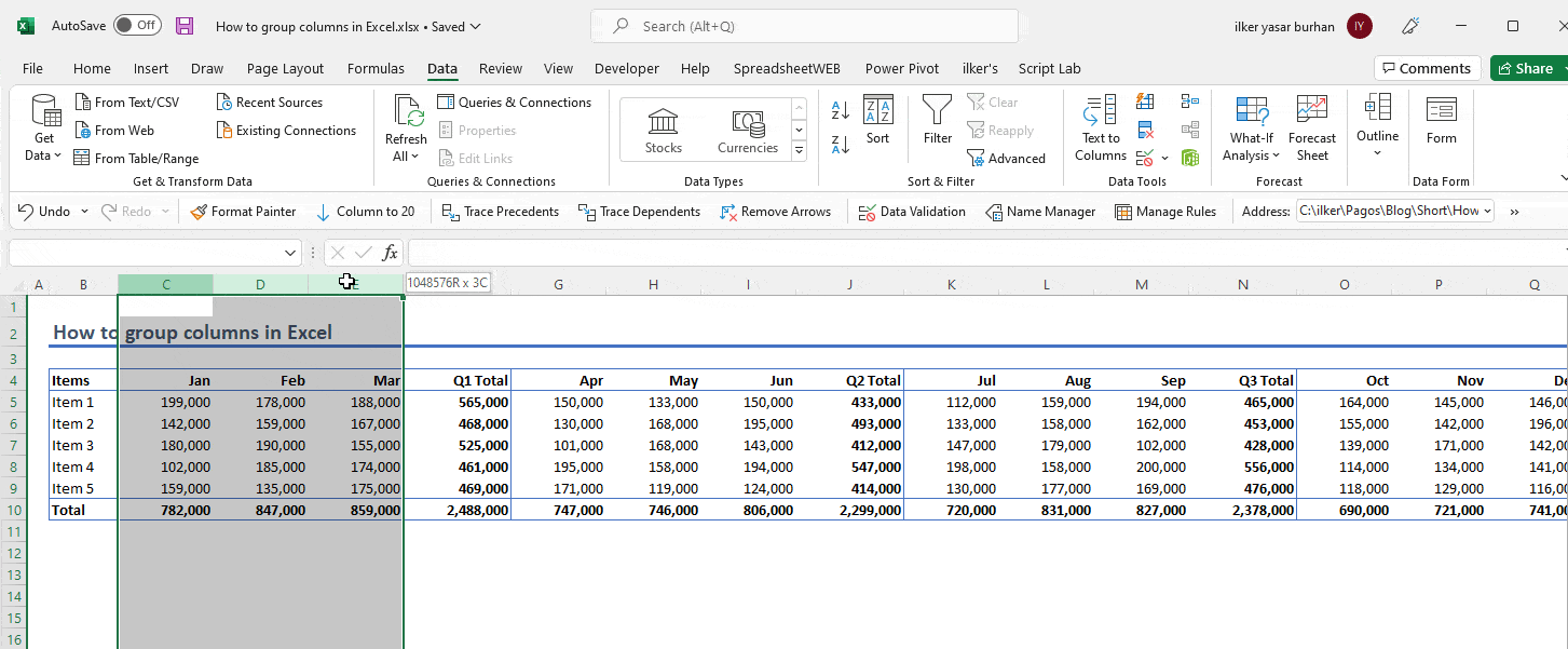 How to group columns in Excel
