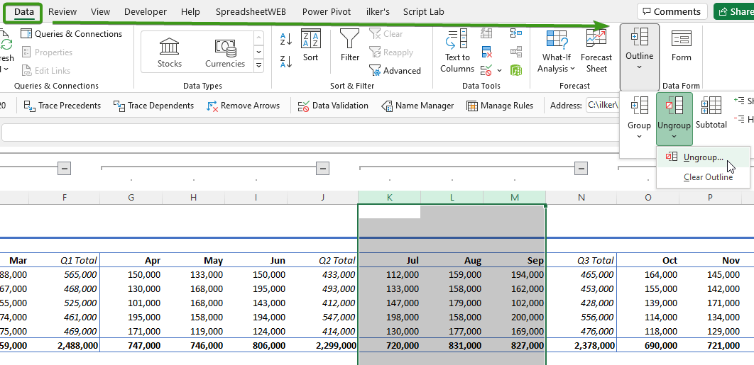 How to group columns in Excel