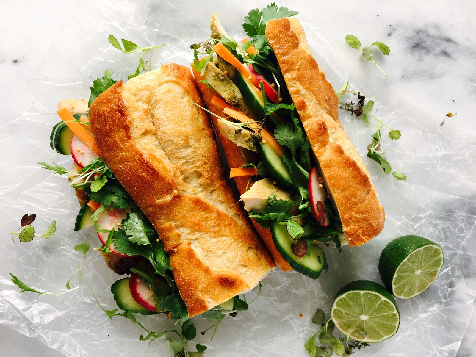 Grilled Chicken Banh Mi Sandwiches With Pickled Vegetables In A Mustard