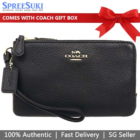 SpreeSuki Coach Small Wristlet Leather Double Corner Zip Black 6649