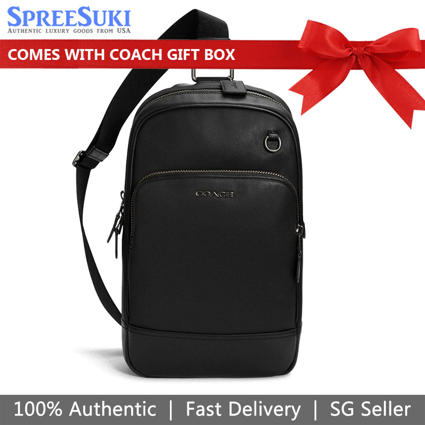 SpreeSuki Coach Men Backpack Graham Pack Smooth Leather Sling Pack Black C2931