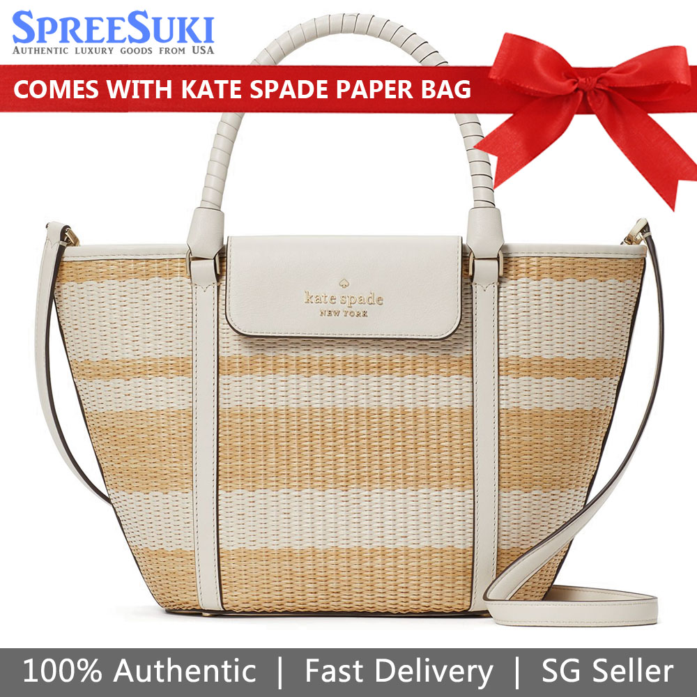 SpreeSuki Kate Spade Crossbody Bag Cruise Straw Medium Tote Parchment Off White K7329