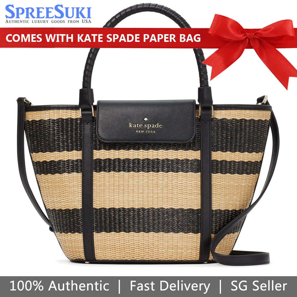 SpreeSuki Kate Spade Crossbody Bag Cruise Straw Medium Tote Black K7329