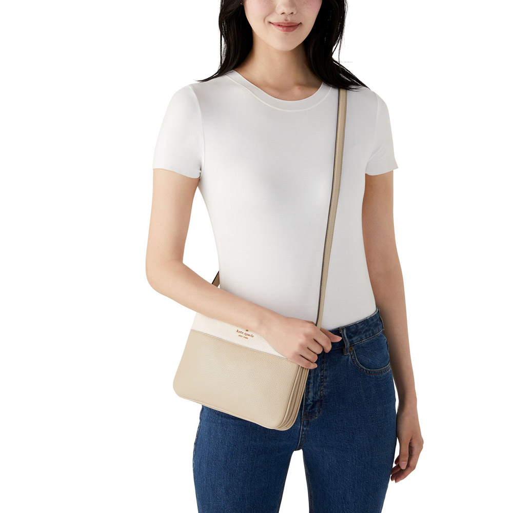 SpreeSuki Kate Spade Crossbody Bag Leila Pebbled Leather Triple Gusset Crossbody Light Sand