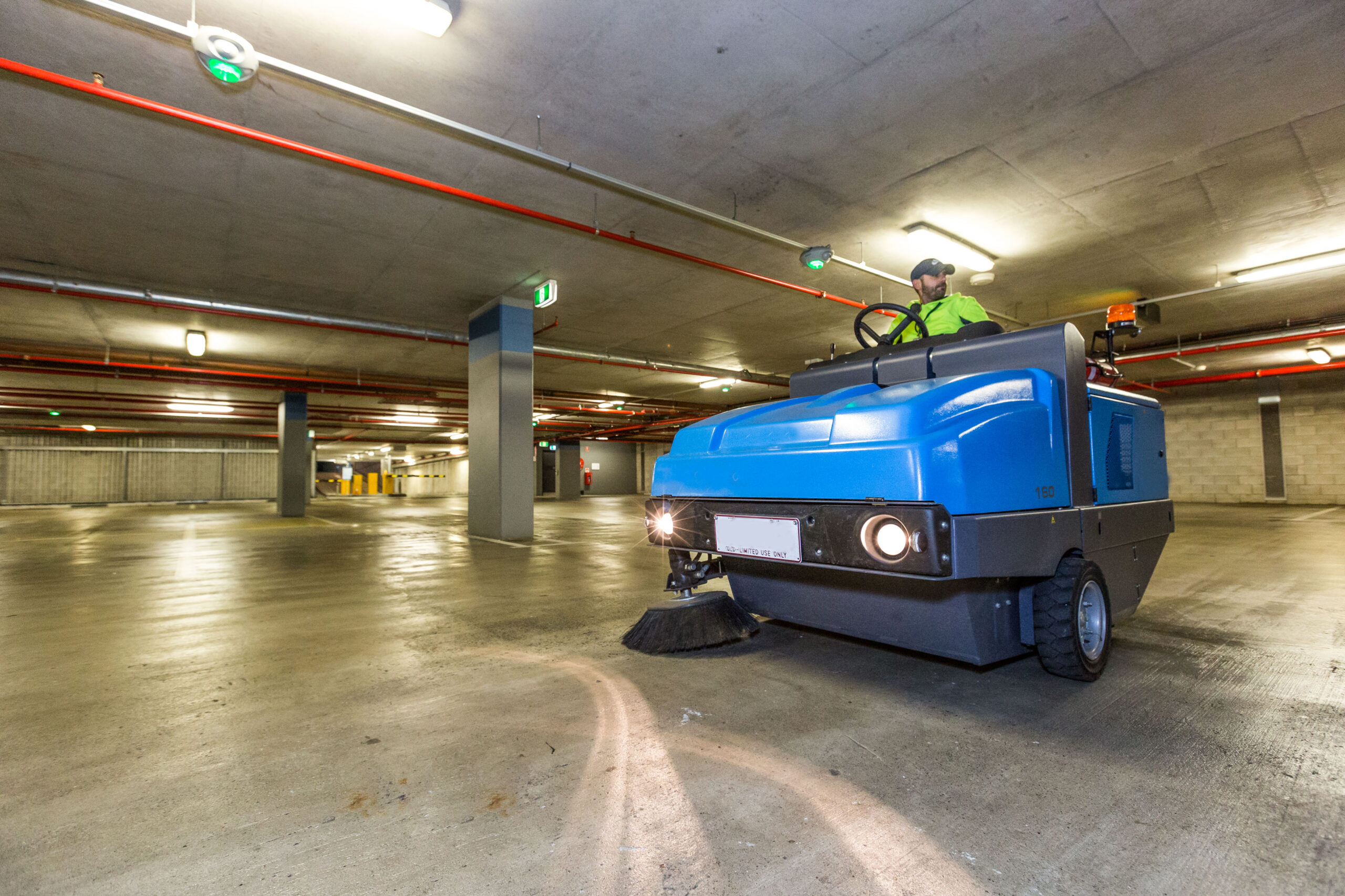 Wide shot Car park street sweeper Springmount Services Commercial