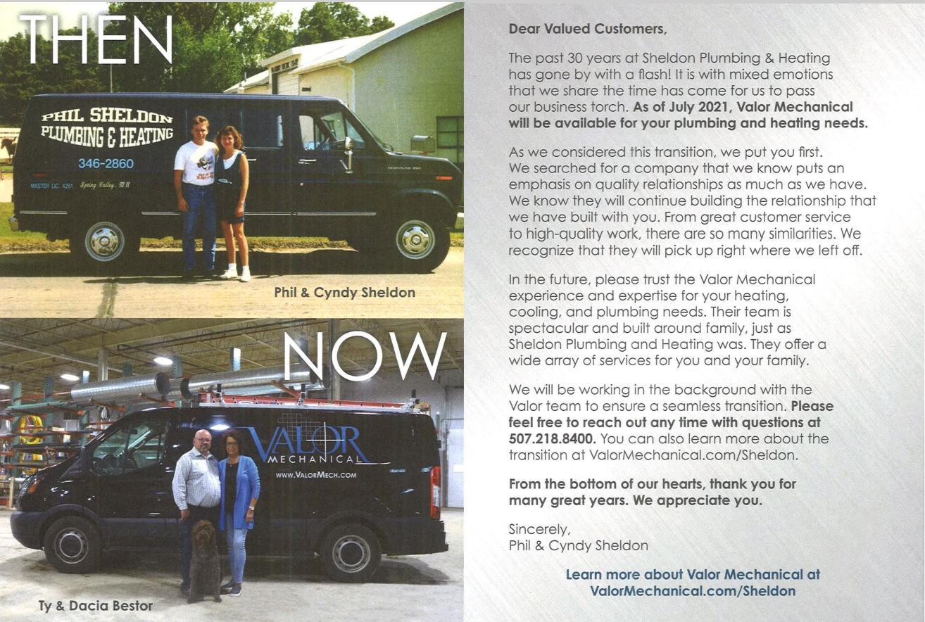 Sheldon Plumbing & Heating Transitions to Valor Mechanical, Thanks