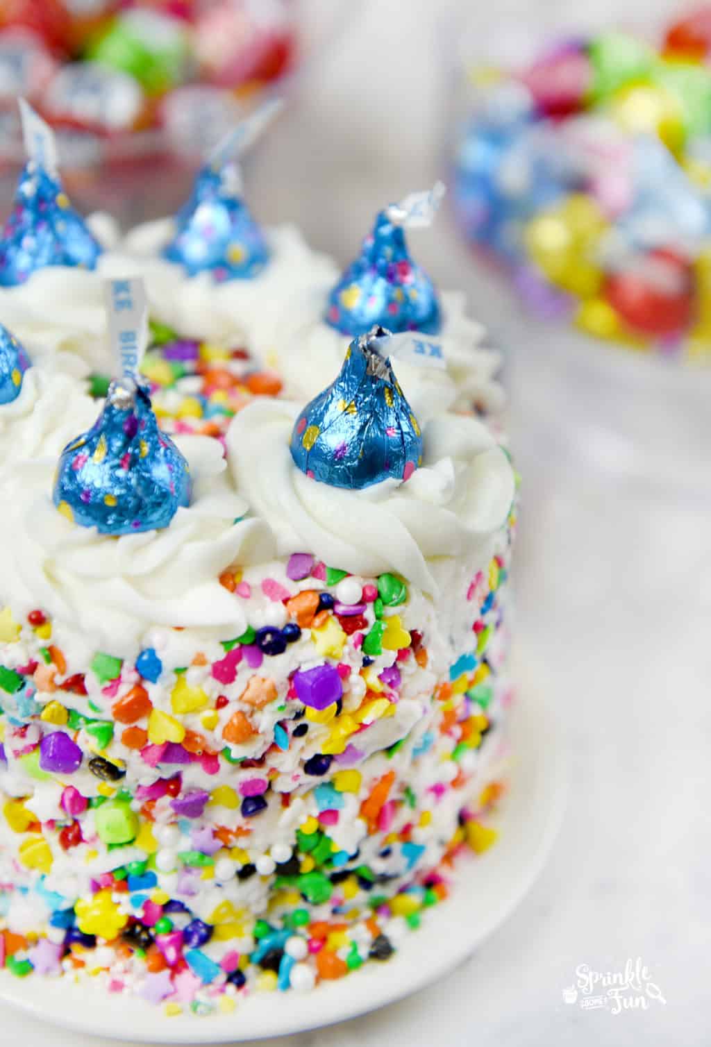 Sprinkle Cake with HERSHEY’S KISSES Birthday Cake Candies Sprinkle