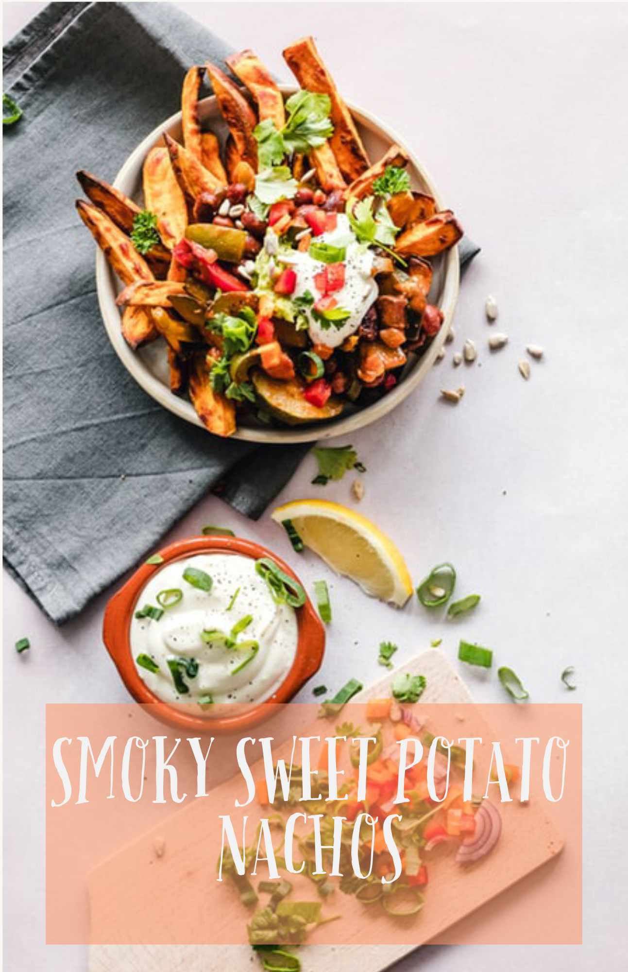 Smoky Sweet Potato Nachos bring together the flavors of smoked sweet potatoes, creamy guacamole and sour cream, beans, green onions & pickled jalapenos! For more recipes, health tips and travel posts be sure to follow me at www.sprouting-vitality.com and on instagram @sproutingvitality. #kenzinthekitch #mckenzieonthemove