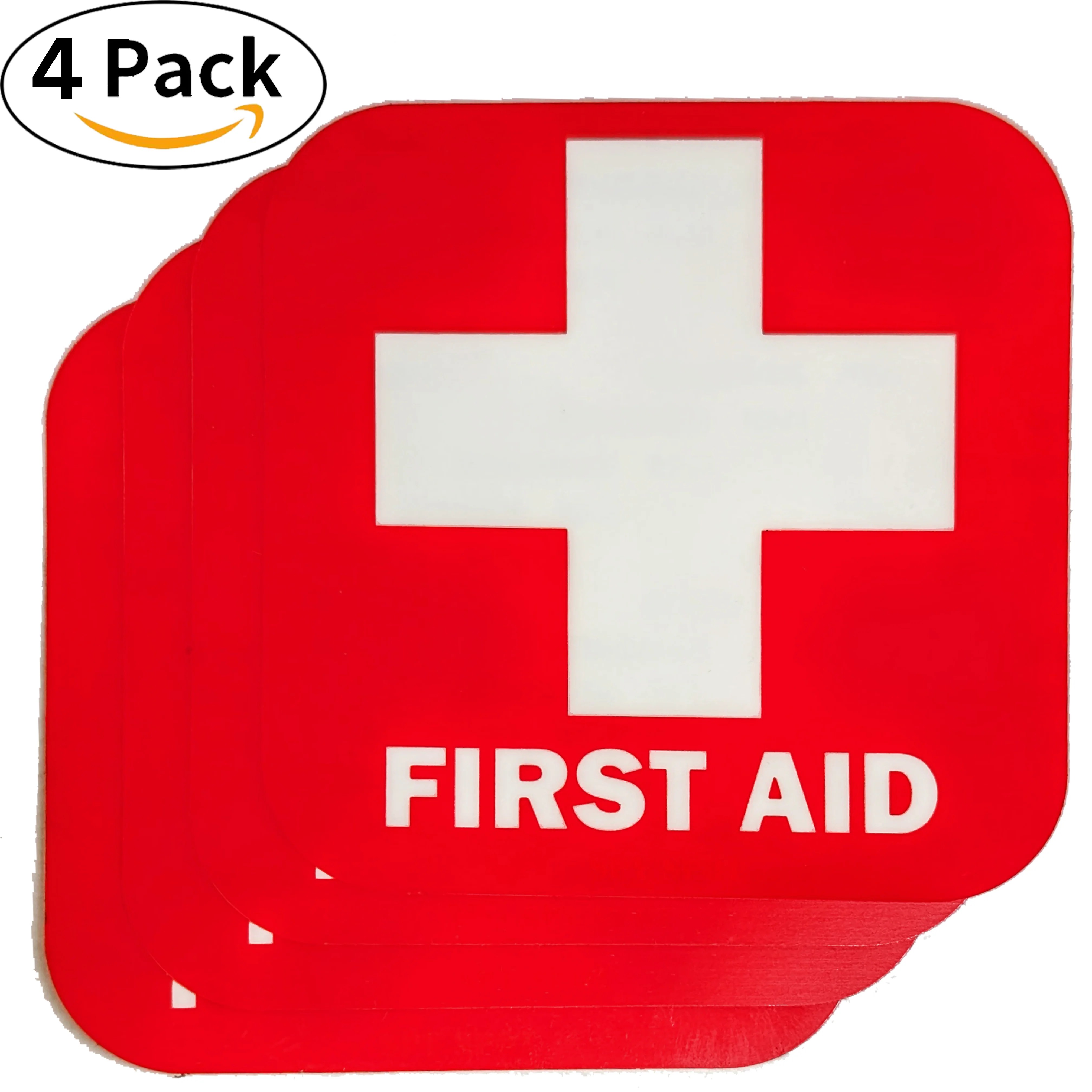 Red First Aid Sticker 4 Pack, 3.5 x 3.5 Inches Self Adhesive First Aid