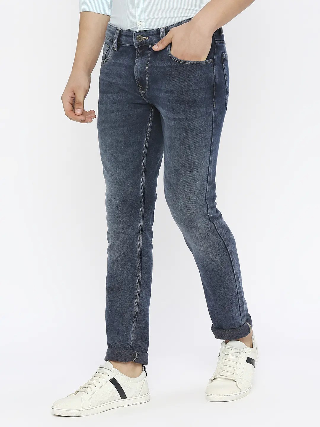 Spykar Men Indigo Blue Cotton Stretch Slim Fit Narrow Length Clean Look